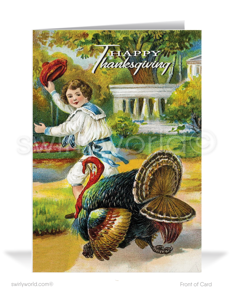 Swirly World presents elegant 1920s-1930s Thanksgiving cards inspired by Art Deco and Victorian styles! Featuring a young man and a large turkey against a beautiful fall watercolor landscape, these vintage designs blend nostalgia and charm. Available as flatcards or folded styles with optional custom imprinted envelopes.