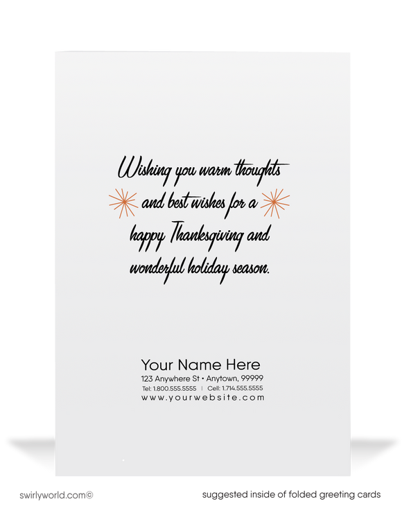 Celebrate Thanksgiving with Swirly World's vintage-inspired cards! Featuring a beautiful turkey frolicking in an autumn landscape, these mid-century designs capture the holiday’s nostalgic charm. Available as budget-friendly flatcards or classic folded styles, with optional custom imprinted envelopes for personalization.