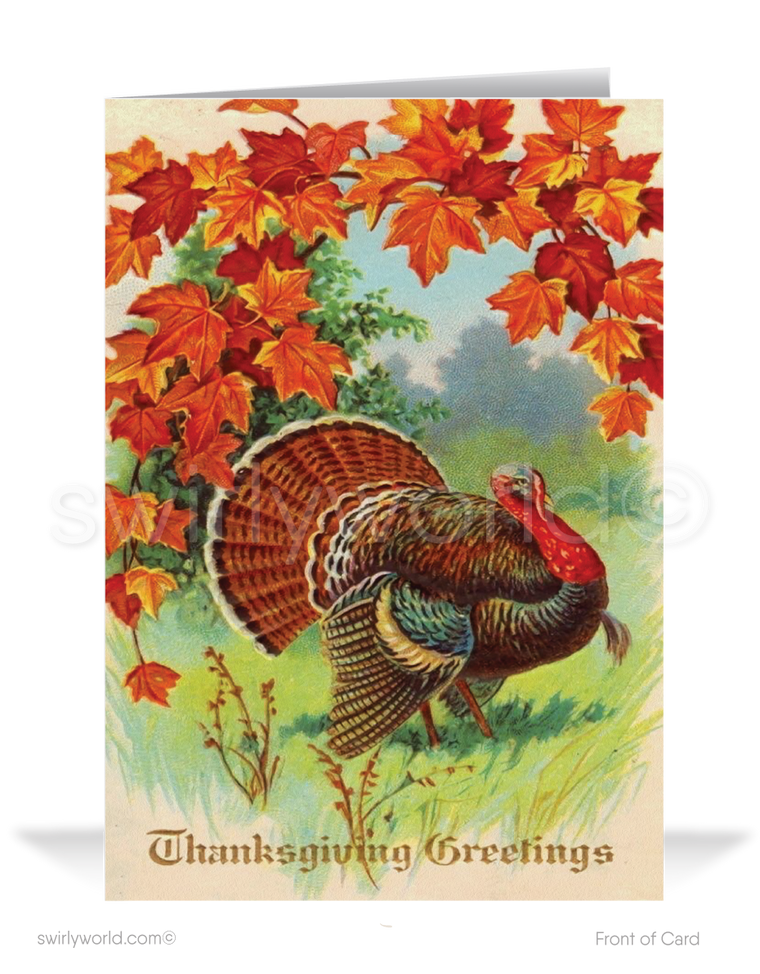 Celebrate Thanksgiving with Swirly World's vintage-inspired cards! Featuring a beautiful turkey frolicking in an autumn landscape, these mid-century designs capture the holiday’s nostalgic charm. Available as budget-friendly flatcards or classic folded styles, with optional custom imprinted envelopes for personalization.