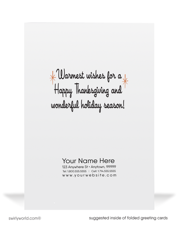 Swirly World presents nostalgic 1950s-1960s Thanksgiving cards! Featuring a charming basket of anthropomorphic corn characters with "Happy Thanksgiving" on the front, these cards are crafted on premium thick cardstock. Choose from flatcards or folded styles, with optional custom imprinted envelopes for personalization.