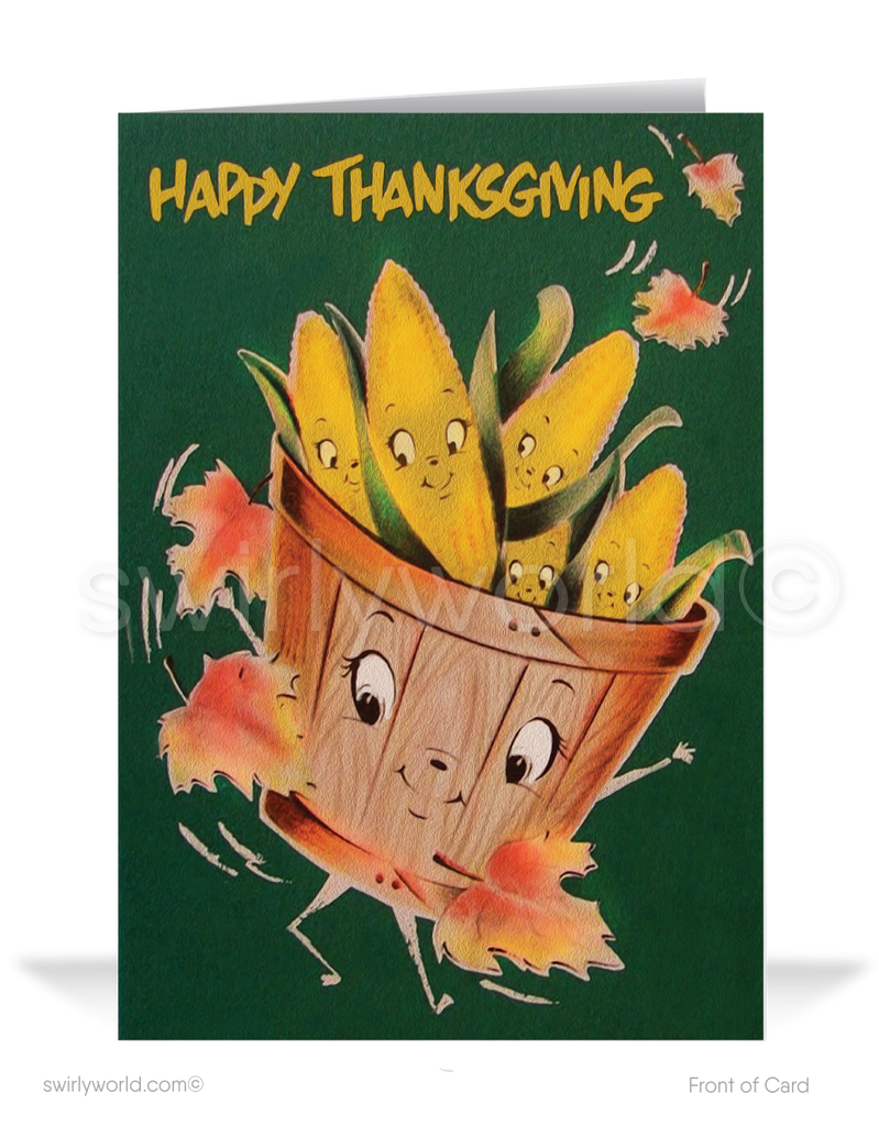 Swirly World presents nostalgic 1950s-1960s Thanksgiving cards! Featuring a charming basket of anthropomorphic corn characters with "Happy Thanksgiving" on the front, these cards are crafted on premium thick cardstock. Choose from flatcards or folded styles, with optional custom imprinted envelopes for personalization.