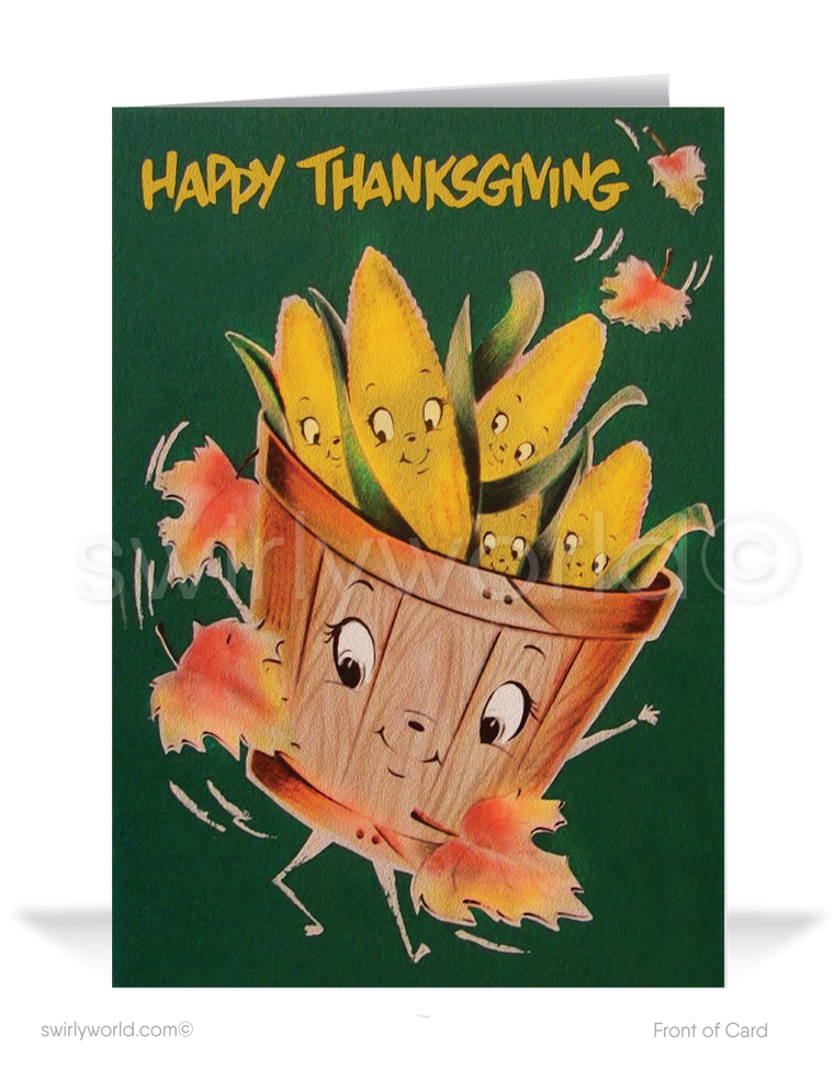 Swirly World presents nostalgic 1950s-1960s Thanksgiving cards! Featuring a charming basket of anthropomorphic corn characters with "Happy Thanksgiving" on the front, these cards are crafted on premium thick cardstock. Choose from flatcards or folded styles, with optional custom imprinted envelopes for personalization.