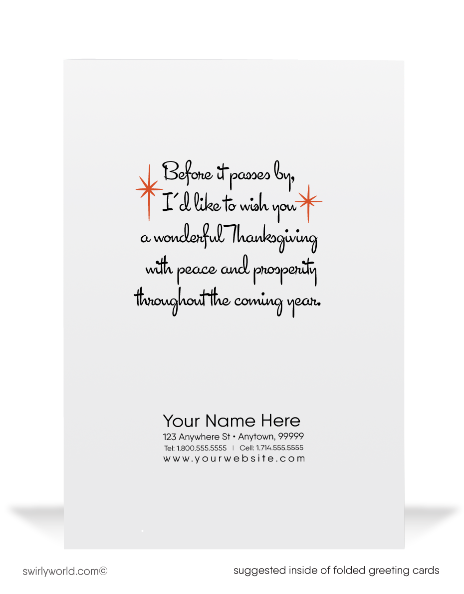 Embrace the 1950s-60s with Swirly World's vintage Thanksgiving card! Featuring a pinup girl dressed as a pilgrim with retro starbursts against a warm yellow backdrop, this card is customizable via Corjl. Printed on premium cardstock, available in flat or folded styles, with optional custom envelopes for a personalized touch.