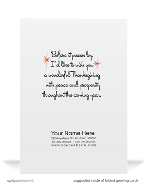 Vintage Mid-Century Modern Pinup Thanksgiving Card with Retro Pilgrim and Starbursts