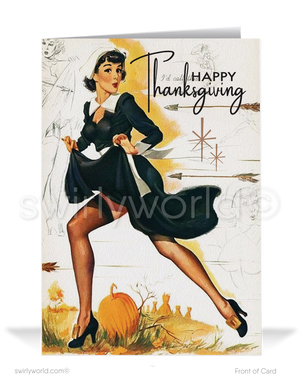 Embrace the 1950s-60s with Swirly World's vintage Thanksgiving card! Featuring a pinup girl dressed as a pilgrim with retro starbursts against a warm yellow backdrop, this card is customizable via Corjl. Printed on premium cardstock, available in flat or folded styles, with optional custom envelopes for a personalized touch.
