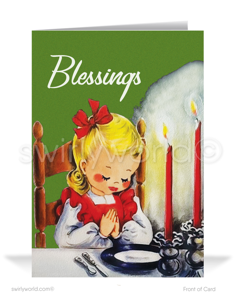 Swirly World presents nostalgic 1950s-1960s Thanksgiving cards! Featuring a kitschy image of a little girl praying before a Thanksgiving meal, these charming mid-century designs are crafted on premium cardstock. Available as flatcards or folded styles with optional custom imprinted envelopes for a personal touch.