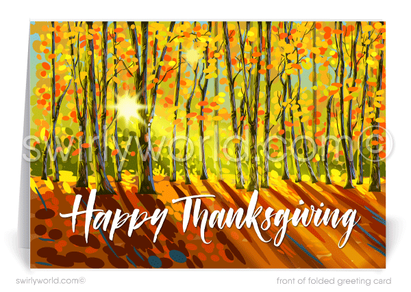 Immerse in the beauty of fall with Swirly World's Thanksgiving card featuring a tranquil forest in vibrant hues of yellow, orange, rust, and green. Printed on premium cardstock, choose flat or folded options. Upgrade to custom imprinted envelopes for a personal, elegant touch this season!