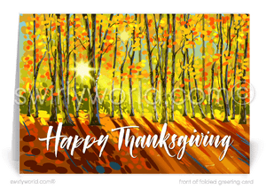 Immerse in the beauty of fall with Swirly World's Thanksgiving card featuring a tranquil forest in vibrant hues of yellow, orange, rust, and green. Printed on premium cardstock, choose flat or folded options. Upgrade to custom imprinted envelopes for a personal, elegant touch this season!