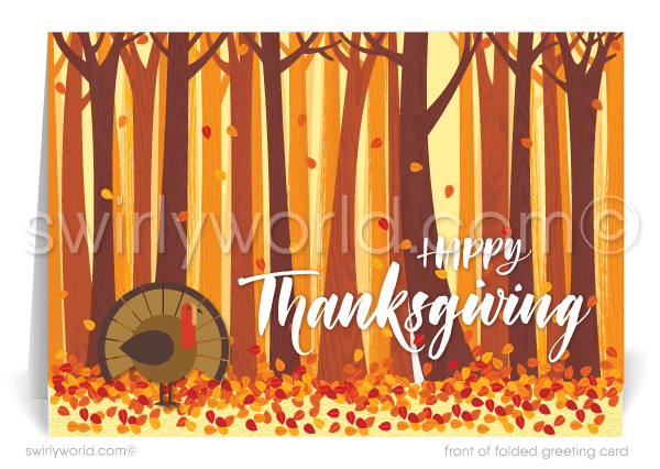 Embrace the season with Swirly World's charming Thanksgiving greeting card featuring vibrant fall leaves and a playful turkey. Printed on premium cardstock, choose flat or folded options. Add custom imprinted envelopes for a personalized touch and make a lasting impression this Thanksgiving!