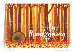Embrace the season with Swirly World's charming Thanksgiving greeting card featuring vibrant fall leaves and a playful turkey. Printed on premium cardstock, choose flat or folded options. Add custom imprinted envelopes for a personalized touch and make a lasting impression this Thanksgiving!