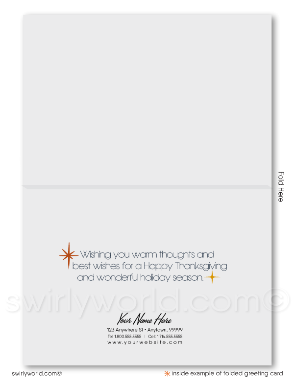 Swirly World Thanksgiving Cards - Express your gratitude with our mid-century style Happy Thanksgiving cards, perfect for businesses to thank valued clients. Featuring customizable wording and a charming vintage turkey illustration, these premium cards evoke fall nostalgia and leave a lasting impression on recipients.