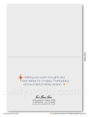 Customizable Mid-Century Style Happy Thanksgiving Business Greeting Card with Vintage Turkey Illustration