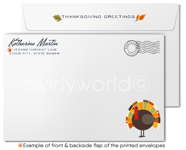 Customizable Mid-Century Style Happy Thanksgiving Business Greeting Card with Vintage Turkey Illustration