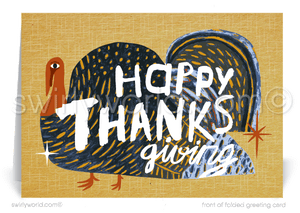 Swirly World Thanksgiving Cards - Express your gratitude with our mid-century style Happy Thanksgiving cards, perfect for businesses to thank valued clients. Featuring customizable wording and a charming vintage turkey illustration, these premium cards evoke fall nostalgia and leave a lasting impression on recipients.