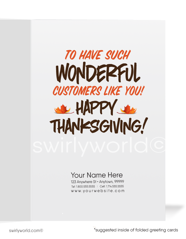Celebrate Thanksgiving with this charming card featuring a cartoon turkey holding a basket of fall harvest and sunflowers, surrounded by autumn leaves. The front says, "I'm So Very THANKFUL," with a heartfelt message inside. Customize your wording and logo for a personal touch. Available in flat or folded styles with custom envelope options.