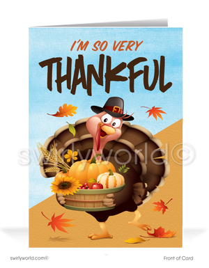 Celebrate Thanksgiving with this charming card featuring a cartoon turkey holding a basket of fall harvest and sunflowers, surrounded by autumn leaves. The front says, "I'm So Very THANKFUL," with a heartfelt message inside. Customize your wording and logo for a personal touch. Available in flat or folded styles with custom envelope options.