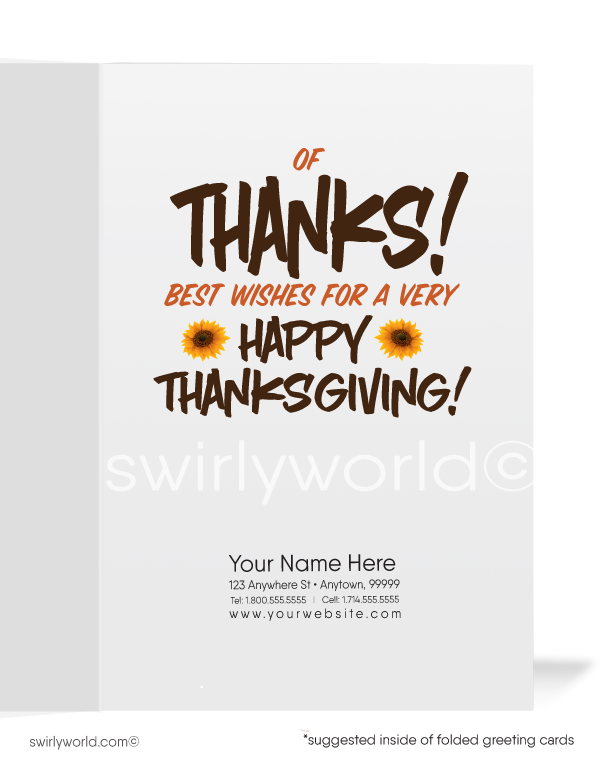 Show appreciation with Swirly World's charming Thanksgiving card! Featuring a cartoon turkey holding a basket of fall goodies, it reads "We Owe You a Whole Bushel" and inside, "Of Thanks!" Personalize the message and add your logo for a branded touch. Available as flatcards or folded styles with custom envelopes.