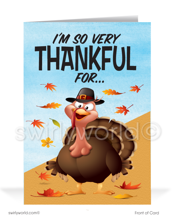 Show gratitude to your customers with Swirly World's exclusive Thanksgiving card! Featuring a charming turkey surrounded by festive fall leaves, it reads "I'm so very THANKFUL for" and inside, "Wonderful people like you!" Personalize with your logo and message. Available as flatcards or folded styles with optional custom envelopes.