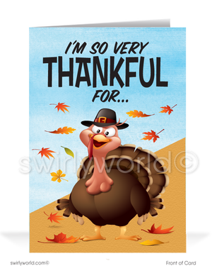 Show gratitude to your customers with Swirly World's exclusive Thanksgiving card! Featuring a charming turkey surrounded by festive fall leaves, it reads "I'm so very THANKFUL for" and inside, "Wonderful people like you!" Personalize with your logo and message. Available as flatcards or folded styles with optional custom envelopes.