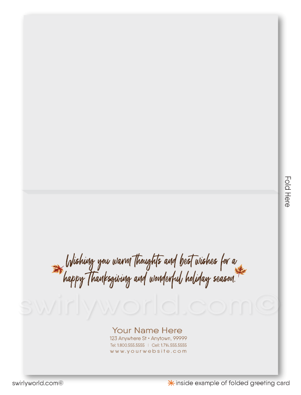 Celebrate Thanksgiving with Swirly World’s stunning watercolor-style card, featuring vibrant fall trees in shades of orange, rust, brown, yellow, and green. Crafted on premium stock, this customizable card is perfect for personalizing your holiday message and creating lasting memories this season.