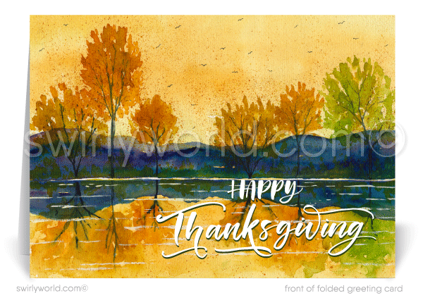Celebrate Thanksgiving with Swirly World’s stunning watercolor-style card, featuring vibrant fall trees in shades of orange, rust, brown, yellow, and green. Crafted on premium stock, this customizable card is perfect for personalizing your holiday message and creating lasting memories this season.