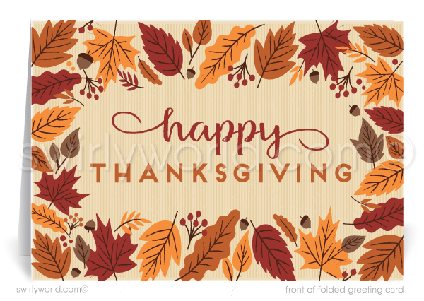 Celebrate Fall with Swirly World’s Thanksgiving cards for businesses, featuring vibrant golden leaves encircling "Happy Thanksgiving." Customizable wording and logo options allow for a personal touch. Crafted on premium card stock, these cards are perfect for expressing gratitude to clients and customers this season.