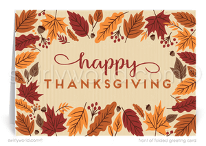 Celebrate Fall with Swirly World’s Thanksgiving cards for businesses, featuring vibrant golden leaves encircling "Happy Thanksgiving." Customizable wording and logo options allow for a personal touch. Crafted on premium card stock, these cards are perfect for expressing gratitude to clients and customers this season.