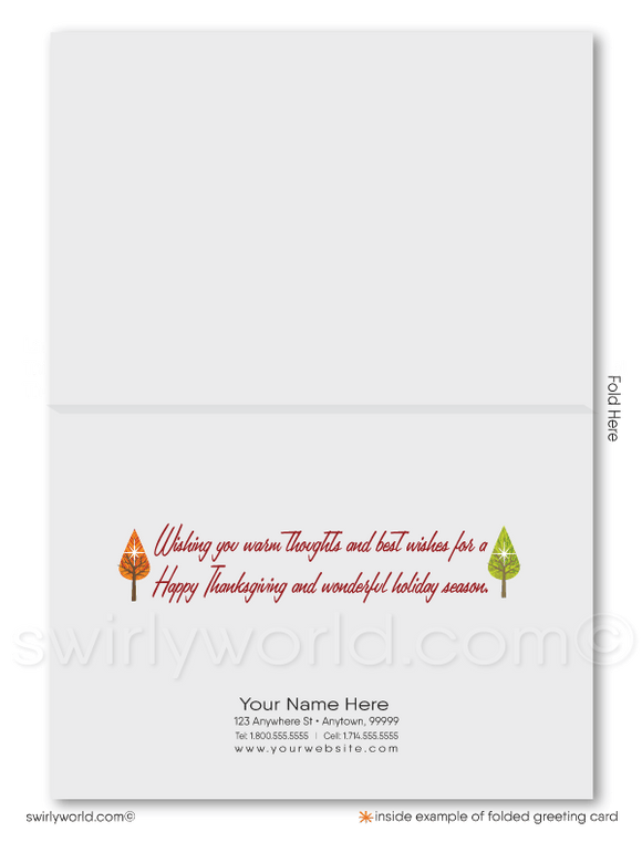 Beautiful Professional Retro Mod Fall Autumn Trees Foliage Happy Thanksgiving Cards for Business Customers. 