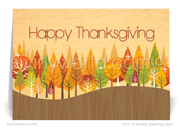 Beautiful Professional Retro Mod Fall Autumn Trees Foliage Happy Thanksgiving Cards for Business Customers. 