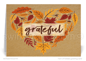 Celebrate gratitude with Swirly World’s business Thanksgiving card featuring a heart of golden fall leaves around a "Grateful" banner. Customizable with your message and logo, these cards are perfect for showing client appreciation. Crafted on premium card stock, they’re designed to leave a lasting impression.