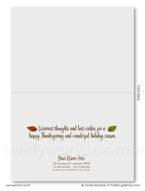 Express gratitude this Thanksgiving with Swirly World’s business card featuring a retro "Happy Thanksgiving" banner over a table set with holiday trimmings. Embrace nostalgia and warmth with customizable wording and logo options, perfect for connecting with valued clients and customers this season.