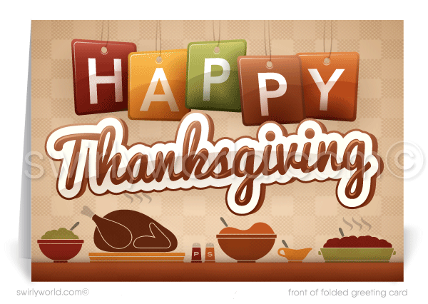 Express gratitude this Thanksgiving with Swirly World’s business card featuring a retro "Happy Thanksgiving" banner over a table set with holiday trimmings. Embrace nostalgia and warmth with customizable wording and logo options, perfect for connecting with valued clients and customers this season.