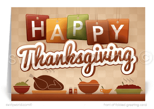 Express gratitude this Thanksgiving with Swirly World’s business card featuring a retro "Happy Thanksgiving" banner over a table set with holiday trimmings. Embrace nostalgia and warmth with customizable wording and logo options, perfect for connecting with valued clients and customers this season.