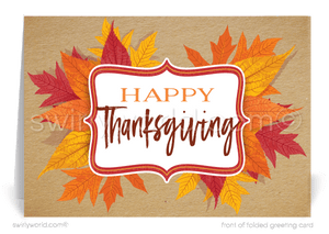 Show gratitude this season with Swirly World’s elegant business Thanksgiving cards, featuring golden fall leaves over a “Happy Thanksgiving” banner. Customize the message and add your logo for a personal touch. Crafted on premium card stock, these cards are perfect for meaningful client appreciation.