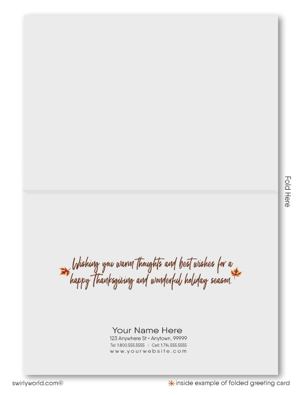 Express gratitude with Swirly World’s Thanksgiving business cards, featuring golden autumn leaves cascading over a "Happy Thanksgiving" banner. Customizable messaging and logo options make these cards perfect for client appreciation. Crafted on premium card stock, they’re designed to leave a lasting impression.