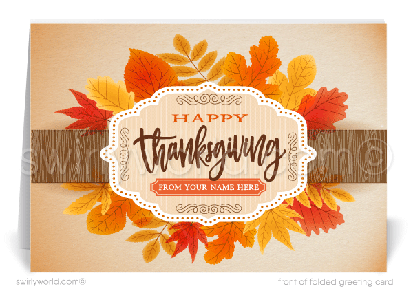 Express gratitude with Swirly World’s Thanksgiving business cards, featuring golden autumn leaves cascading over a "Happy Thanksgiving" banner. Customizable messaging and logo options make these cards perfect for client appreciation. Crafted on premium card stock, they’re designed to leave a lasting impression.