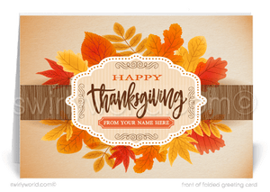Express gratitude with Swirly World’s Thanksgiving business cards, featuring golden autumn leaves cascading over a "Happy Thanksgiving" banner. Customizable messaging and logo options make these cards perfect for client appreciation. Crafted on premium card stock, they’re designed to leave a lasting impression.