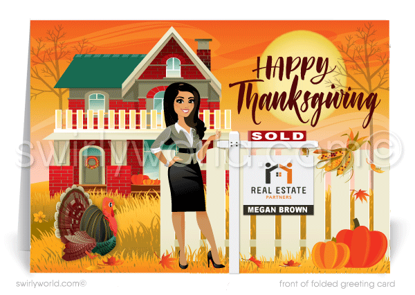 Swirly World Thanksgiving Cards - Impress your clients with our unique, customizable Thanksgiving greeting cards for women realtors. Featuring a personalized realtor character, autumn scene, and a charming turkey illustration, these premium cards allow you to express gratitude and strengthen client relationships with style.