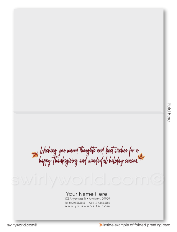 Enhance client relationships with Swirly World's customizable Thanksgiving realtor greeting cards. Featuring a fall neighborhood scene and a Realtor® Sign Post for your logo. Choose flat or folded cards, with custom imprinted envelopes for a personalized, professional touch this holiday season.