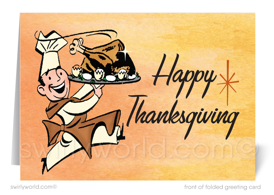 Embrace retro charm with Swirly World's vintage mid-century Thanksgiving card! Featuring a cheerful chef carrying a turkey and iconic atomic starbursts, this card is customizable via Corjl. Printed on premium cardstock, available in flat or folded styles, with optional custom envelopes for a personal touch.