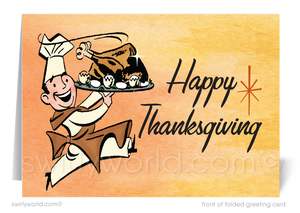 Embrace retro charm with Swirly World's vintage mid-century Thanksgiving card! Featuring a cheerful chef carrying a turkey and iconic atomic starbursts, this card is customizable via Corjl. Printed on premium cardstock, available in flat or folded styles, with optional custom envelopes for a personal touch.