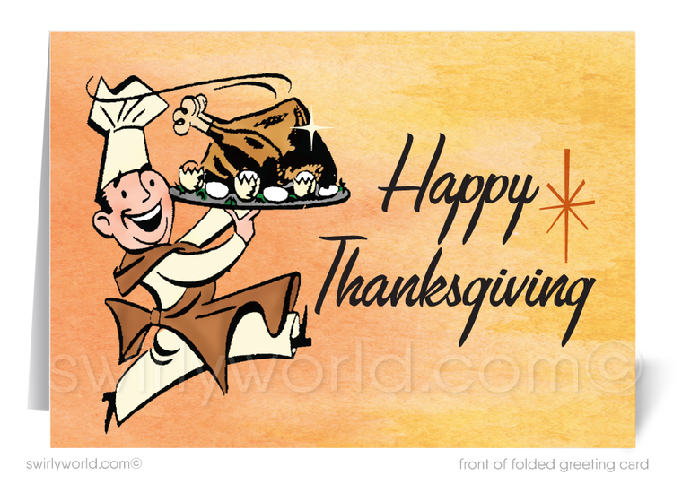 Embrace retro charm with Swirly World's vintage mid-century Thanksgiving card! Featuring a cheerful chef carrying a turkey and iconic atomic starbursts, this card is customizable via Corjl. Printed on premium cardstock, available in flat or folded styles, with optional custom envelopes for a personal touch.