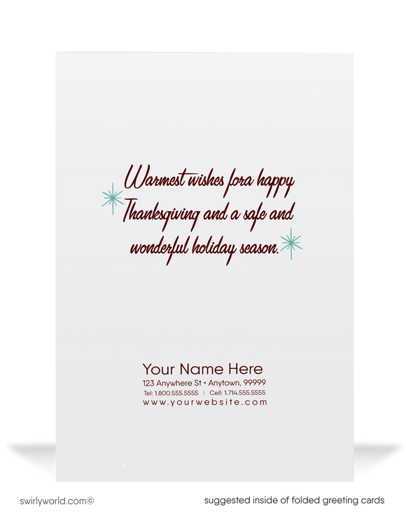 Step back to the groovy 1960s with Swirly World's vintage mid-century Thanksgiving card! Featuring a nostalgic table setting and classic Thanksgiving trimmings, this card is customizable via Corjl. Printed on premium cardstock in flat or folded styles, with optional custom envelopes for a personal touch.