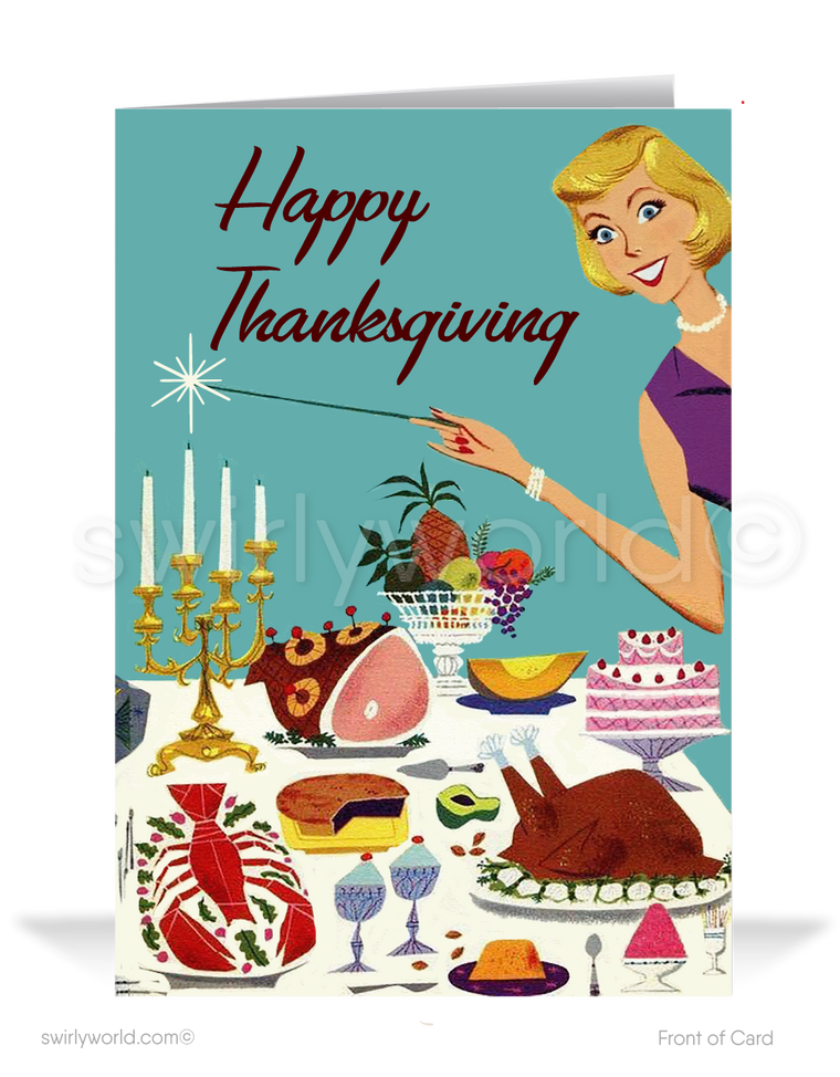 Step back to the groovy 1960s with Swirly World's vintage mid-century Thanksgiving card! Featuring a nostalgic table setting and classic Thanksgiving trimmings, this card is customizable via Corjl. Printed on premium cardstock in flat or folded styles, with optional custom envelopes for a personal touch.