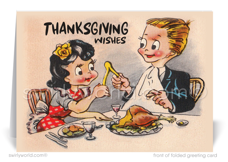 Step into the elegance of the 1930s-40s with Swirly World's Art Deco Thanksgiving cards! Featuring a charming couple pulling a wishbone at a Thanksgiving meal, these meticulously crafted cards blend nostalgia and sophistication. Available in flat or folded styles, with custom envelope options for a personalized touch.