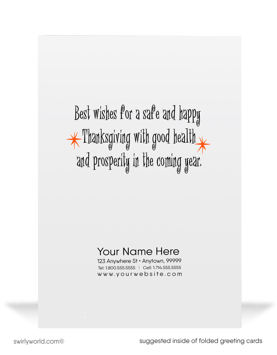 Step back to the 1950s-1960s with Swirly World's vintage Thanksgiving cards. Featuring retro fall elements, these mid-century style cards bring timeless charm. Customize easily with Corjl and choose flat or folded options. Add custom imprinted envelopes for a personal, nostalgic touch!