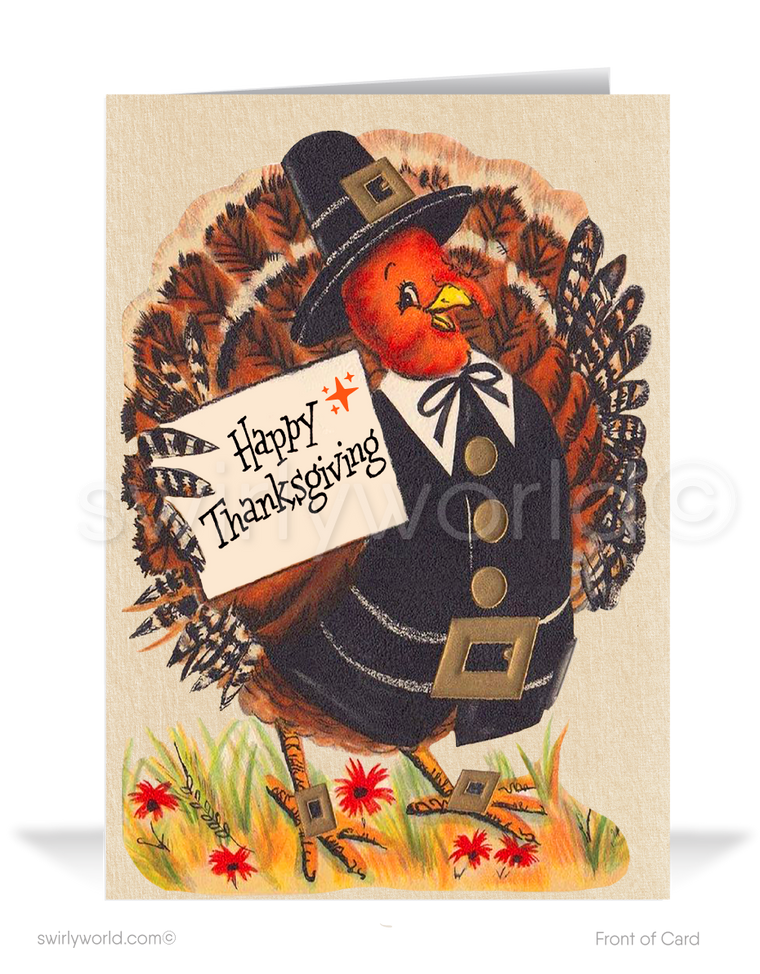 Step back to the 1950s-1960s with Swirly World's vintage Thanksgiving cards. Featuring retro fall elements, these mid-century style cards bring timeless charm. Customize easily with Corjl and choose flat or folded options. Add custom imprinted envelopes for a personal, nostalgic touch!