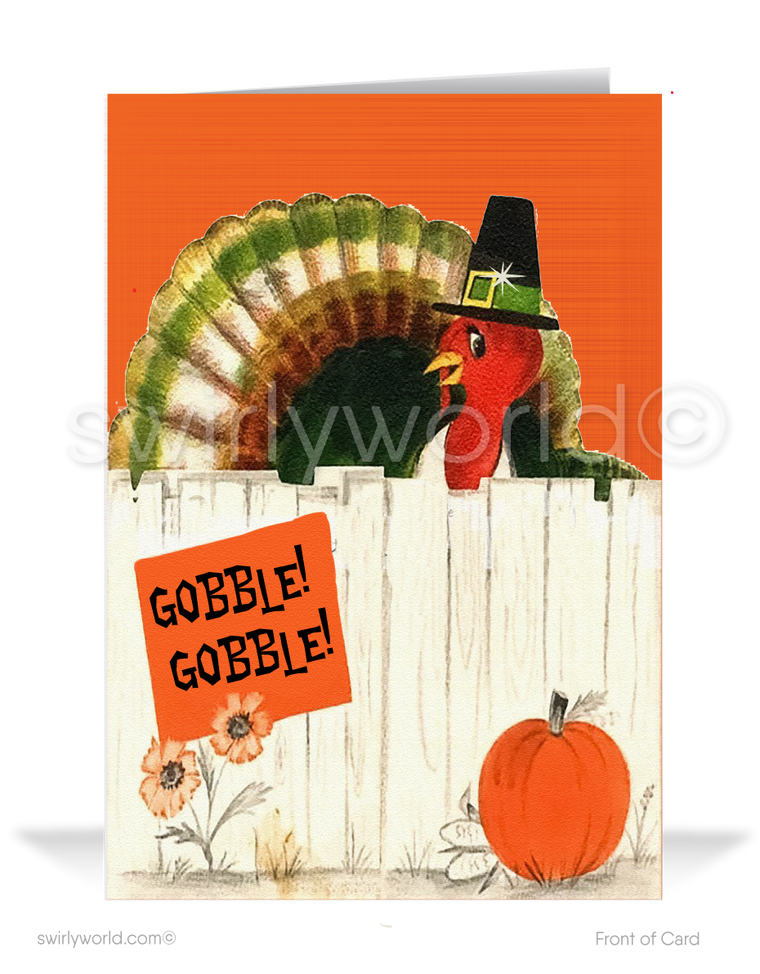 Step into the 1950s-60s with our vintage Thanksgiving cards! Featuring a cheeky turkey peeking over a fence with a "Gobble Gobble" sign, these retro fall designs blend nostalgia and elegance. Available in flat or folded styles with optional custom envelopes, these cards offer a unique way to express your Thanksgiving greetings.