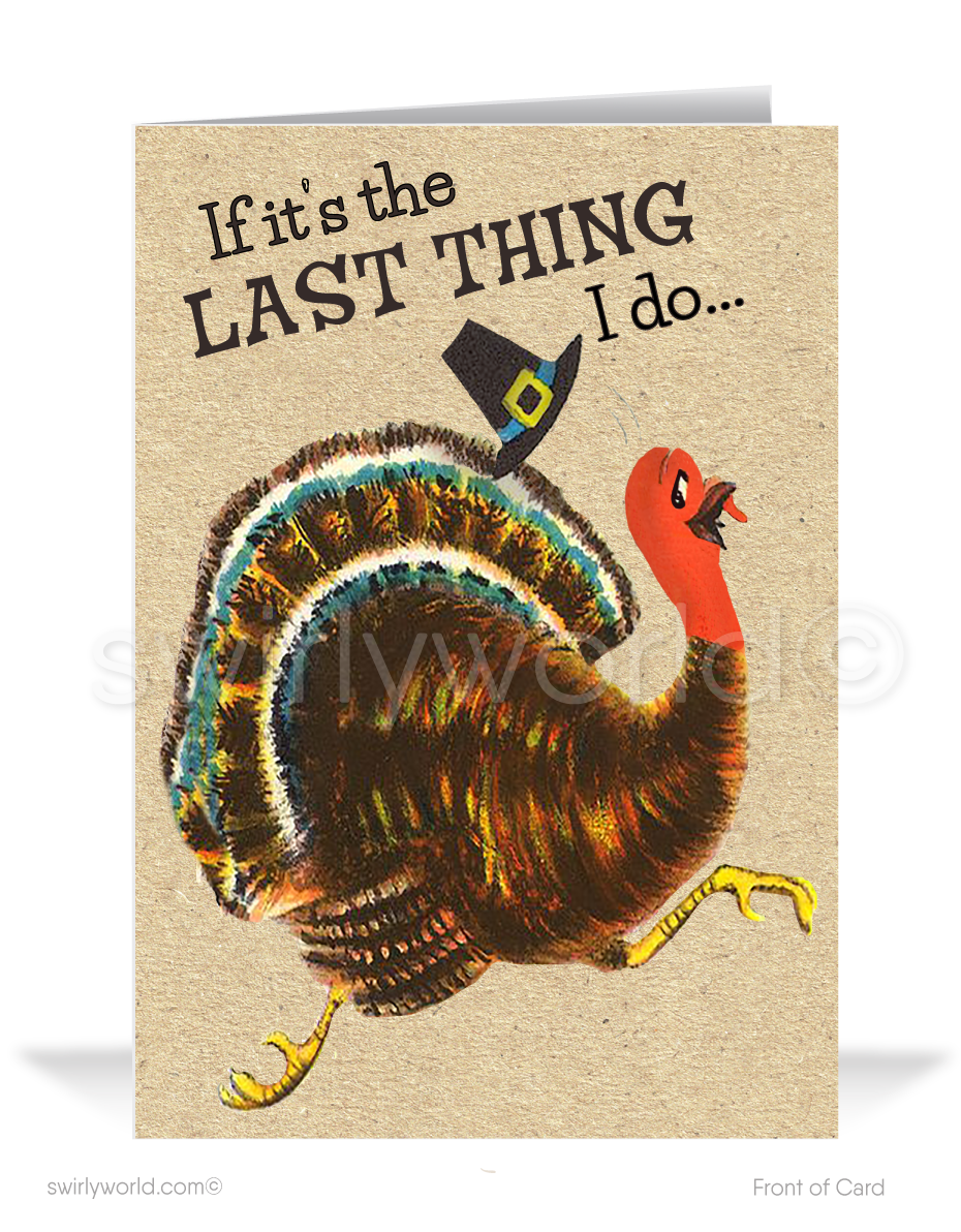 Step into the 1950s-60s with our vintage MCM Thanksgiving card! Featuring a cheeky turkey in a pilgrim hat running from Thanksgiving dinner, this retro design captures the charm of the era. Available in flat or folded styles, with optional custom envelopes for a personal touch. Perfect for a nostalgic holiday greeting!