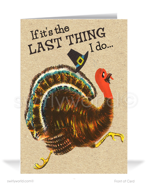Step into the 1950s-60s with our vintage MCM Thanksgiving card! Featuring a cheeky turkey in a pilgrim hat running from Thanksgiving dinner, this retro design captures the charm of the era. Available in flat or folded styles, with optional custom envelopes for a personal touch. Perfect for a nostalgic holiday greeting!
